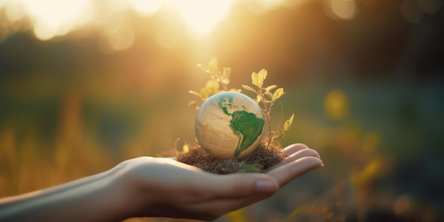 Dłoń trzymająca ziemię na zielonym tle Światowy dzień ochrony środowiska i dzień ziemi Generative Ai