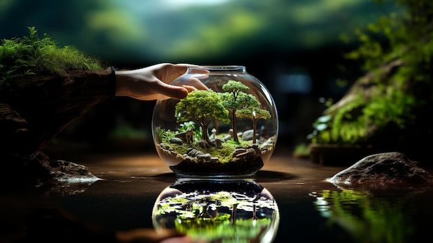 Zdjęcie dłoń wyciąga rękę do rośliny w szklanej misce.