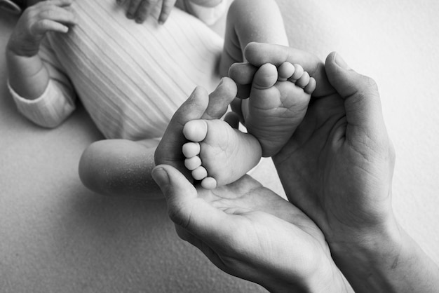 Dłonie ojca, matki trzymają stopę noworodka. Stopy noworodka na dłoniach rodziców. Fotografia studyjna palców stóp, pięt i stóp dziecka. Czarny i biały.