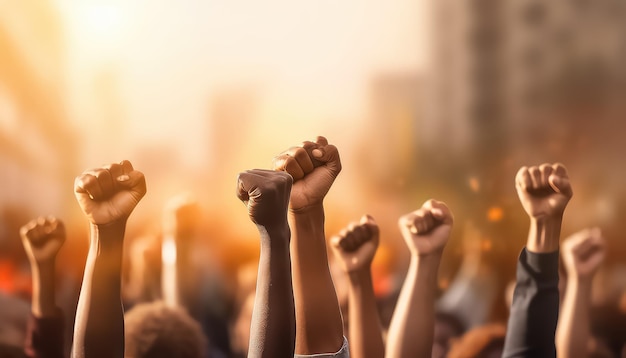 Dłonie zaciśnięte w pięści uniesione w geście protestu tłumu