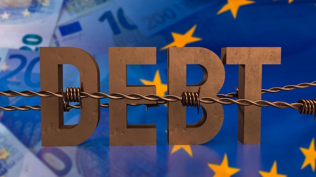 Zdjęcie dług na tle flagi euro dla koncepcji biznesowej 3d rendering
