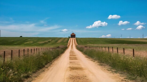 Długa brudna droga prowadząca do wiejskiej farmy w jasny słoneczny dzień
