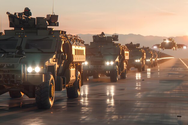 Zdjęcie długa linia pojazdów wojskowych, w tym pojazdów opancerzonych.