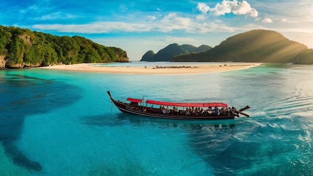 Długa łódź i niebieska woda w zatoce Maya na wyspie Phi Phi Krabi w Tajlandii
