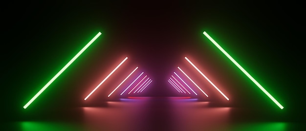 Długi ciemny tunel z neonowymi zielonymi i czerwonymi światłami