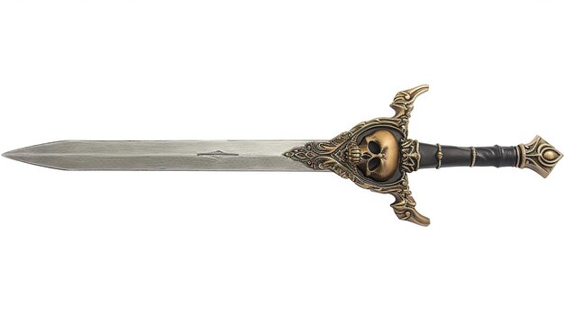 Zdjęcie długi fantazyjny miecz z czaszką i złotem na izolowanym białym tle generative ai