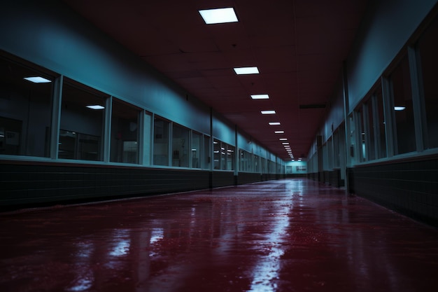Długi korytarz z czerwonymi podłogami i oknami w nocy Generatywna sztuczna inteligencja