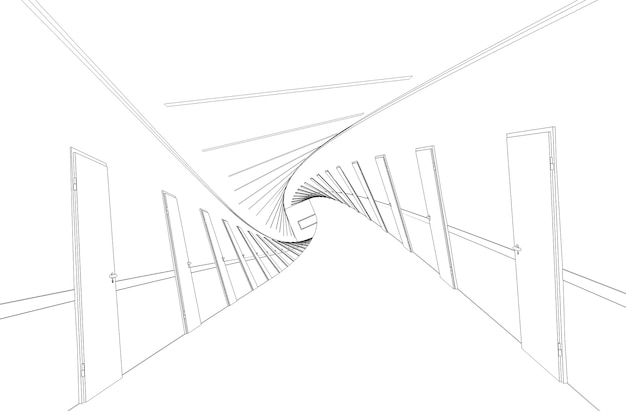 długi korytarz z drzwiami wizualizacja konturów ilustracja szkic szkicu 3D