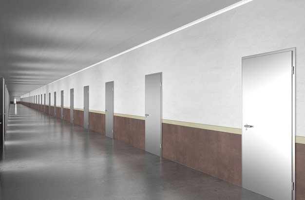 długi korytarz z drzwiami wizualizacja wnętrza ilustracja 3D