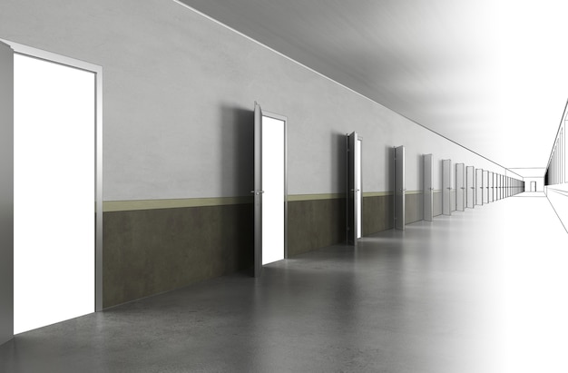 długi korytarz z drzwiami wizualizacja wnętrza ilustracja 3d