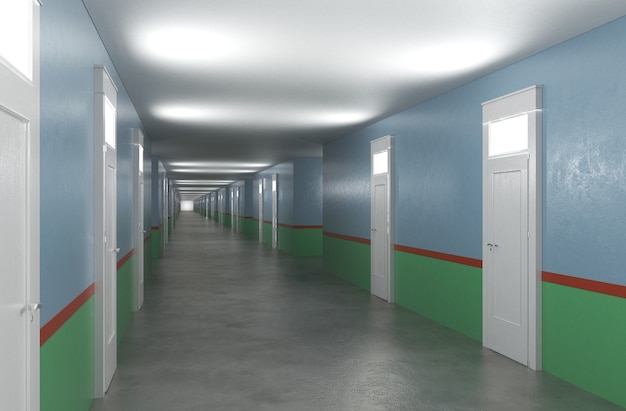 długi korytarz z drzwiami wizualizacja wnętrza ilustracja 3D