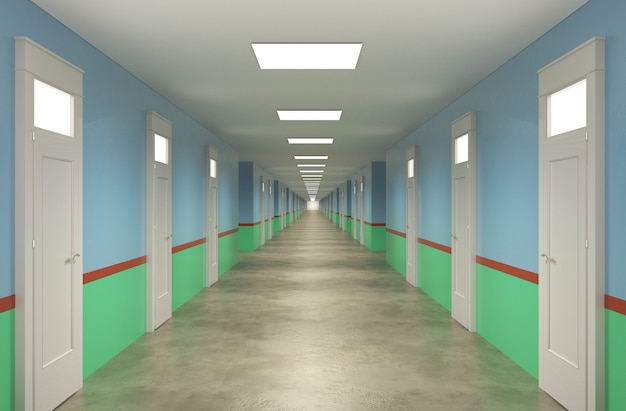 długi korytarz z drzwiami wizualizacja wnętrza ilustracja 3D
