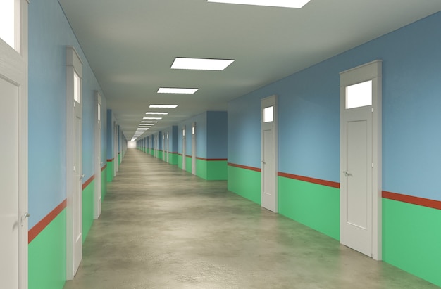 długi korytarz z drzwiami wizualizacja wnętrza ilustracja 3D