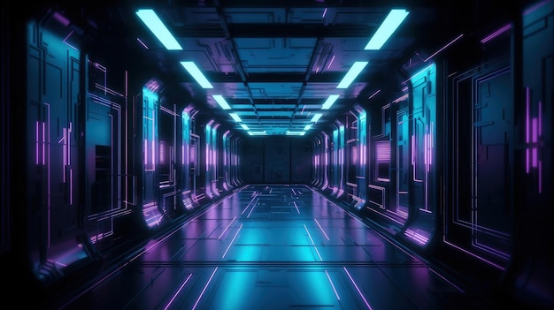 Długi korytarz z neonowymi światłami generuje sztuczną inteligencję