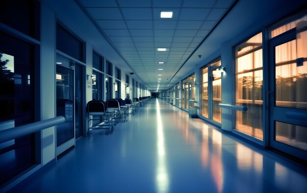 Długi korytarz z niebieską podłogą i szklanymi drzwiami z napisem „nie jestem lekarzem”