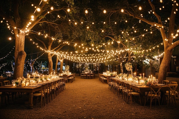 Długi stół załadowany obfitością świateł umieszczony pod osłoną gałęzi drzew wspaniały ślub na świeżym powietrzu z lampami wróżek migoczącymi na drzewach AI generowany