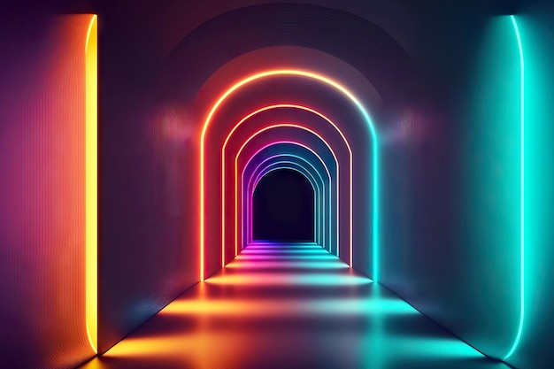 Długi tunel rozciągający się na odległość z neonowymi ścianami d renderowania z jasnym oświetleniem