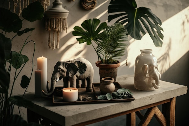 Długie cienie drewniany stół w odcieniach ziemi wewnątrz kamiennego podium białe świece posąg słonia i suszony liść Philodendron pojawiają się w kompozycji spa