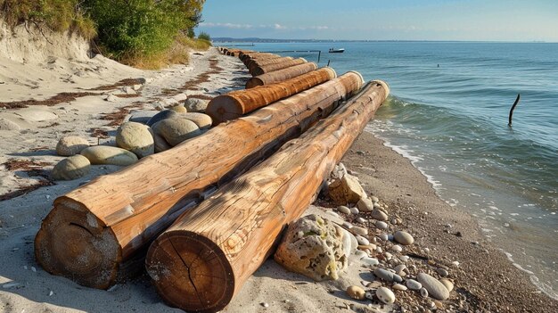 Zdjęcie długie drewniane kłody na plaży