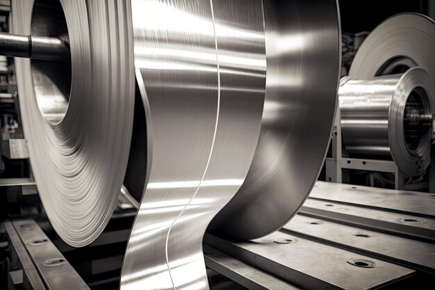 Długie paski aluminium do produkcji walcowane na przenośniku w fabryce generatywnego przemysłu aluminiowego ai