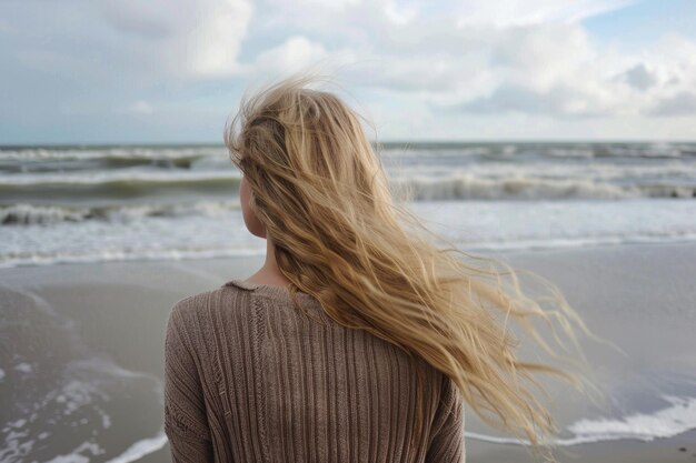 Długowłosa blondynka stojąca na plaży patrząca w odległość