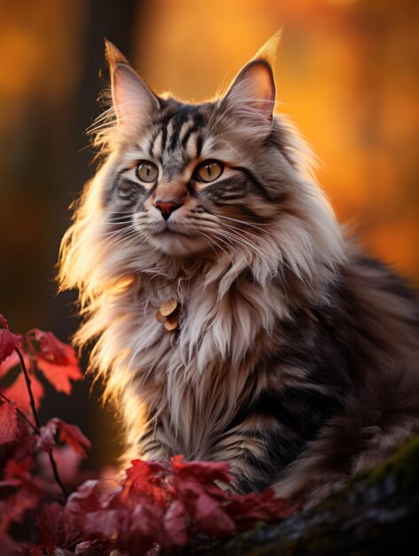 Zdjęcie długowłosy kot siedzi na kłodzie przed jesiennymi liśćmi