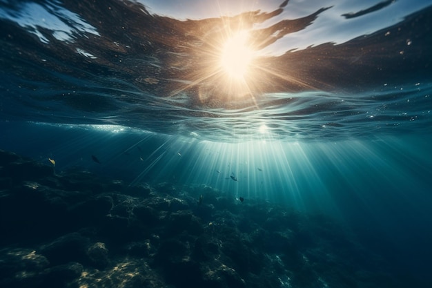 Dno oceanu jest pod wodą, a słońce świeci na wodę.