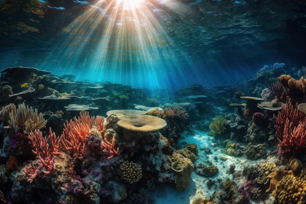 Dno oceanu jest pokryte koralowcami i świeci na nie słońce.