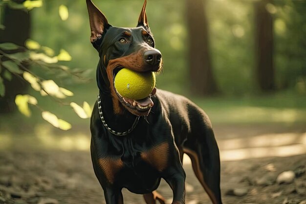 Doberman pinczer bawiący się w aportowanie piłką tenisową w parku stworzonym za pomocą generatywnej sztucznej inteligencji