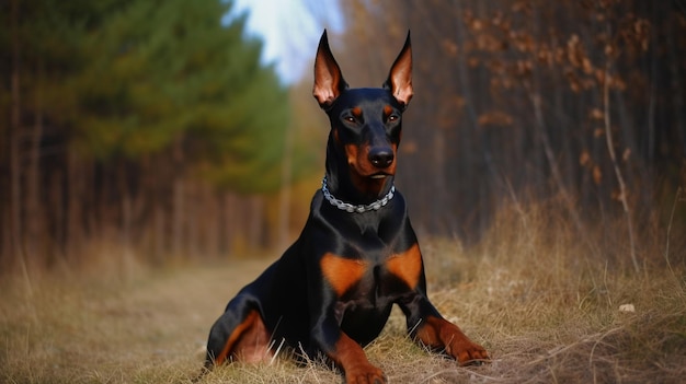 Doberman pinczer siedzi na trawie