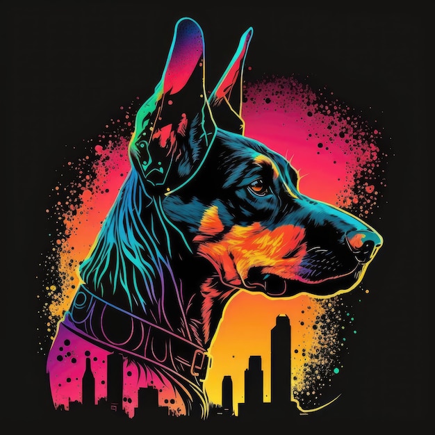 Doberman Pinscher Dog 80s Synthwave Szczegółowa grafika TShirt Vector Art z żywymi kolorami Generative AI