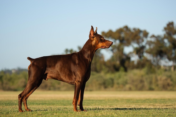 Zdjęcie doberman pinscher na trawiastym polu