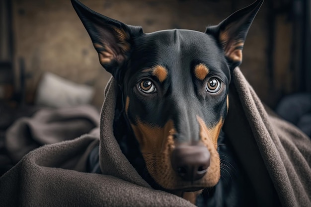 Doberman tęskni za utraconym właścicielem ze smutnymi oczami stworzonymi za pomocą generatywnej sztucznej inteligencji