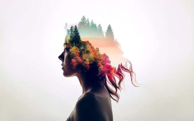 Doble ekspozycji zdjęcie kobiety i kolorowy las na białym tle Generative AI