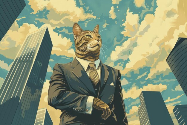Dobrze ubrany kot w garniturze i krawacie stoi pewnie przed rozległym krajobrazem miejskim