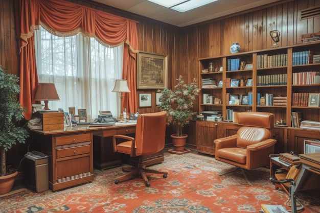 Dobrze wyposażona sala do studiowania z biurkiem, krzesłem i półką na książki