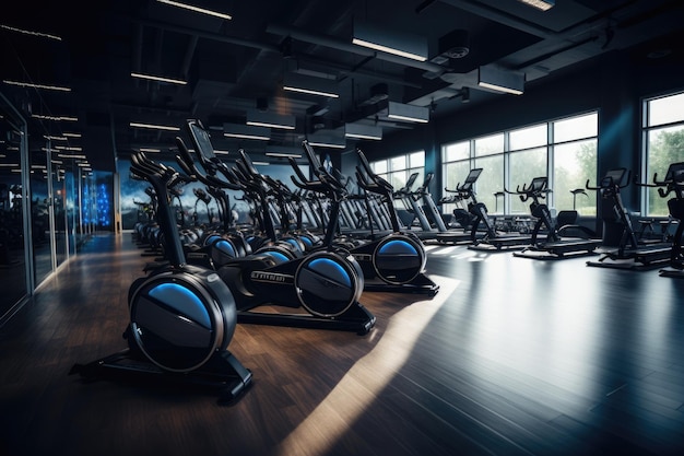 Dobrze wyposażona siłownia z obfitością sprzętu ćwiczeniowego Rzędy rowerów stacjonarnych i sprzętu do ćwiczeń zdrowotnych do kulturystyki w siłowniach nowoczesna sala centrum fitness AI Generated AI Generated