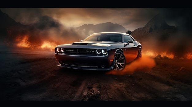 Dodge challenger z dymem wydobywającym się z przodu