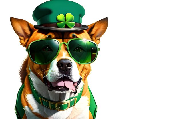 Dog Animal in Green Patrick's day hat Happy St patricks day banner background with copy space Generative AI