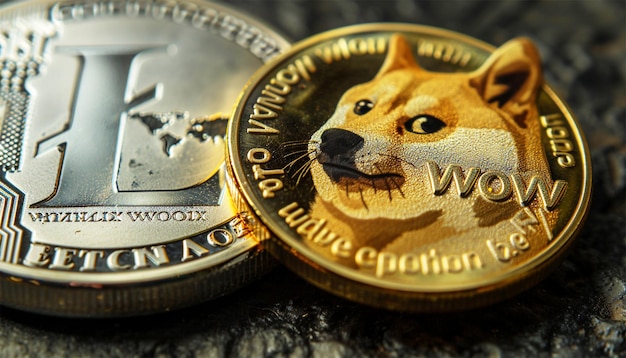 Zdjęcie dogecoin kryptowaluta złoty symbol i wykres giełdowy świecznik na tabletach korzystanie z technologii kryptowaluty blockchain z zyskiem kapitałowym fundamentalne dogecoin globalny rynek płatności altcoin