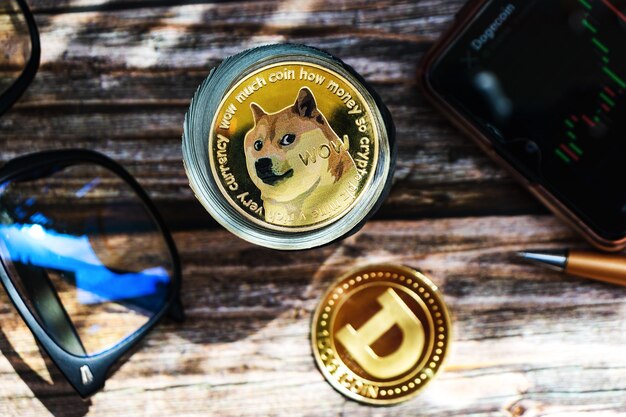 Dogecoin kryptowaluty w zbliżeniu na drewnianym tle z promieniami słońca, jasny słoneczny dzień