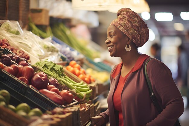 Dojrzała Afroamerykanka kupuje świeże produkty na rynku