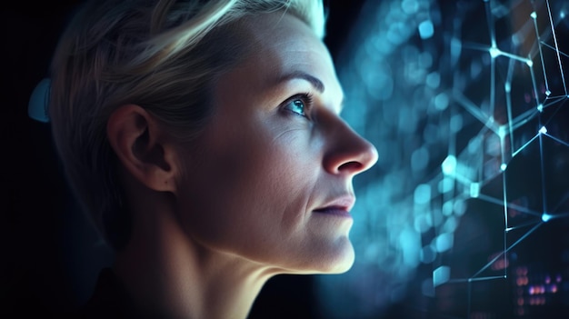 Dojrzała blondynka z cudowną ciekawością patrząca na holograficzny cyfrowy wyświetlacz futurystyczna innowacja technologiczna Generative AI AIG20