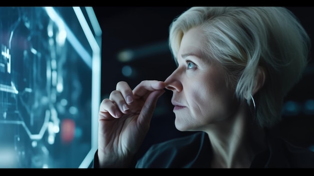 Dojrzała blondynka z cudowną ciekawością patrząca na holograficzny cyfrowy wyświetlacz futurystyczna innowacja technologiczna Generative AI AIG20