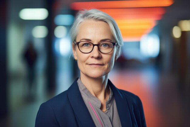 Dojrzała inteligentna szwedzka bizneswoman uśmiechnięta twarz stojąca w rozmytym tle kreatywnego kolorowego wystroju wnętrz biurowych Generative AI AIG20