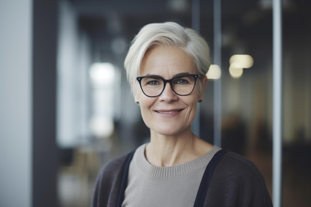 Dojrzała inteligentna szwedzka bizneswoman uśmiechnięta twarz stojąca w rozmytym tle ruchliwego biura Generative AI AIG20