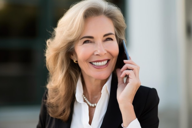 Dojrzała kobieta biznesu uśmiecha się podczas rozmowy przez telefon komórkowy stworzony za pomocą generatywnej ai
