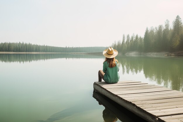 dojrzała kobieta w kapeluszu siedzi na skraju drewnianego molo nad spokojnym jeziorem