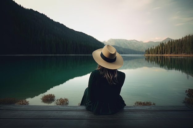Zdjęcie dojrzała kobieta w kapeluszu siedzi na skraju drewnianego molo nad spokojnym jeziorem