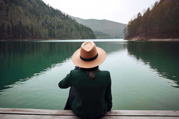 dojrzała kobieta w kapeluszu siedzi na skraju drewnianego molo nad spokojnym jeziorem